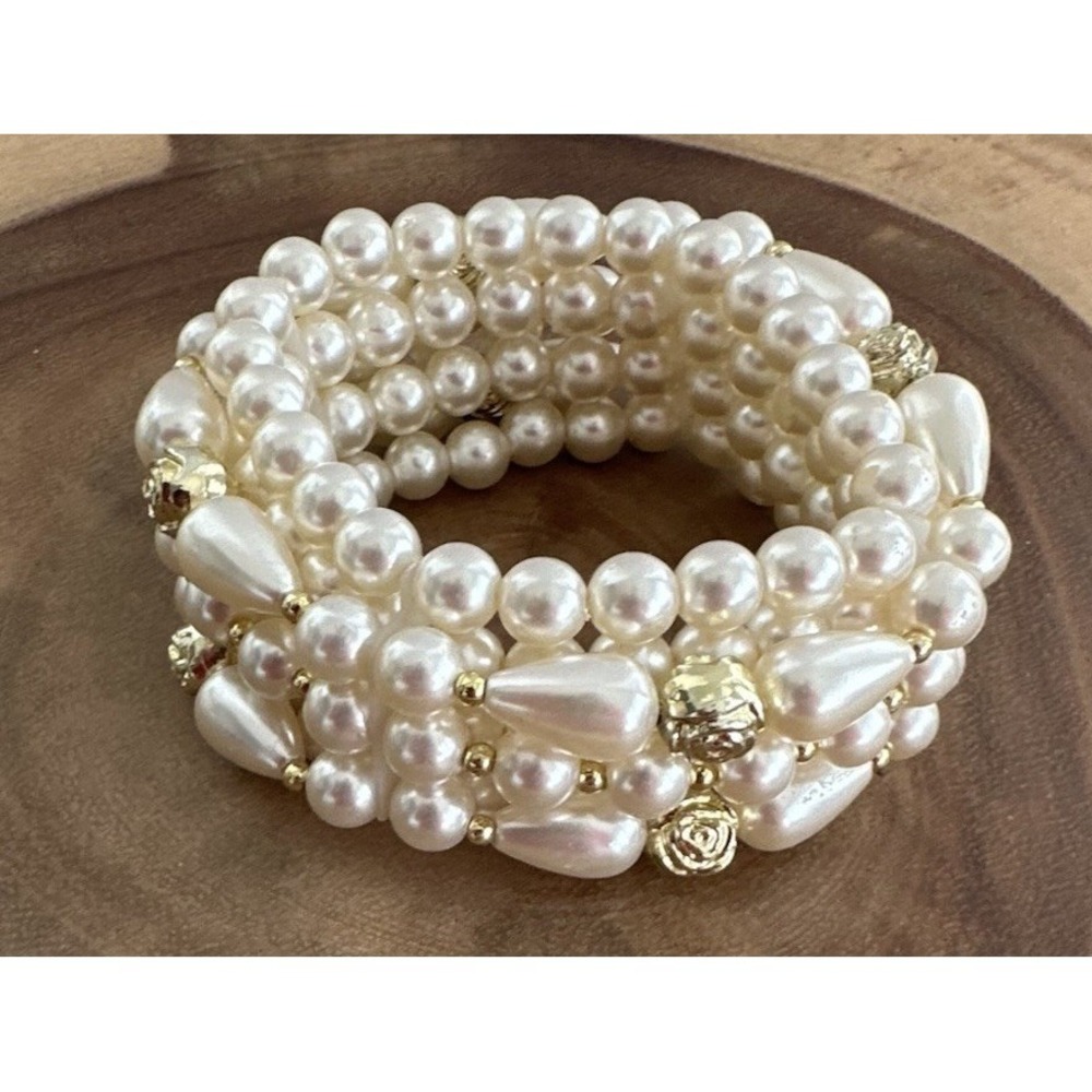 Vintage Chunky Faux Pearl 4 Strand Stretch Bracelet with Gold Tone Rose Accents